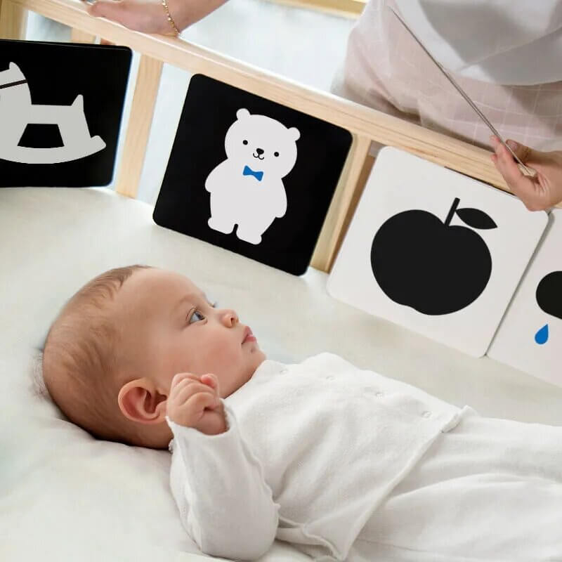 100 tarjetas de estimulación visual 3D de 200 páginas, color blanco y  negro, para bebé recién nacido, regalo (4 niveles de 0 a 36 meses, 5.5 x  5.5